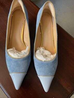 THINGS II COME Blue Pointed-Toe Women’s Pumps with Gold Trim